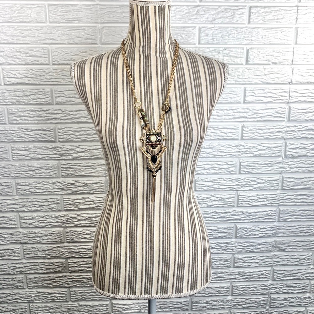 Long Gold Aztec Rhinestone Statement Necklace - Picture 2 of 5